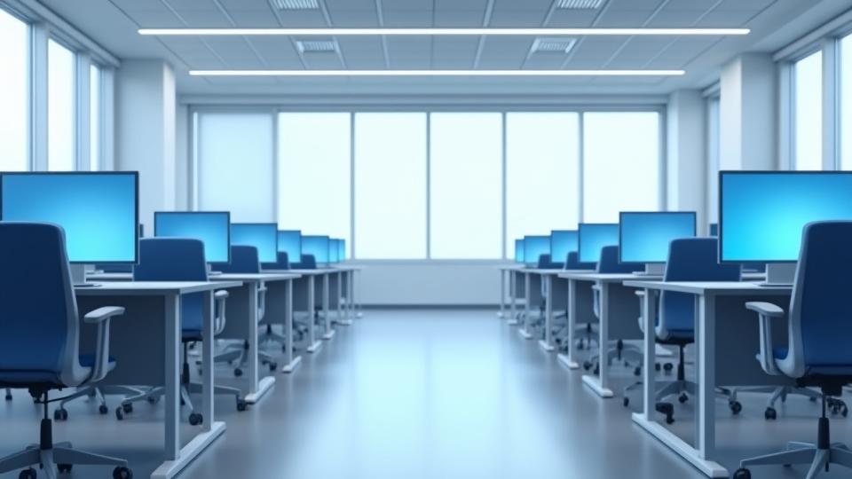 Современный, просторный класс Жеміс Код, оборудованный для интенсивных занятий с большими мониторами и удобными стульями.